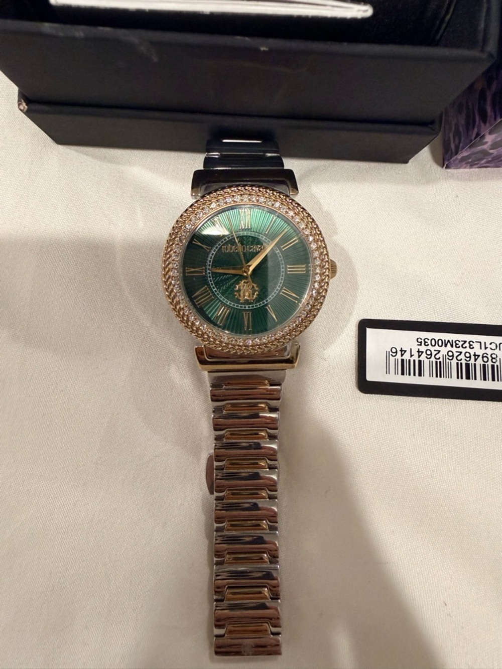 Just Cavalli Green Dial Crystal Bezel Stainless Two-Tone Bracelet Watch 6.5wrist